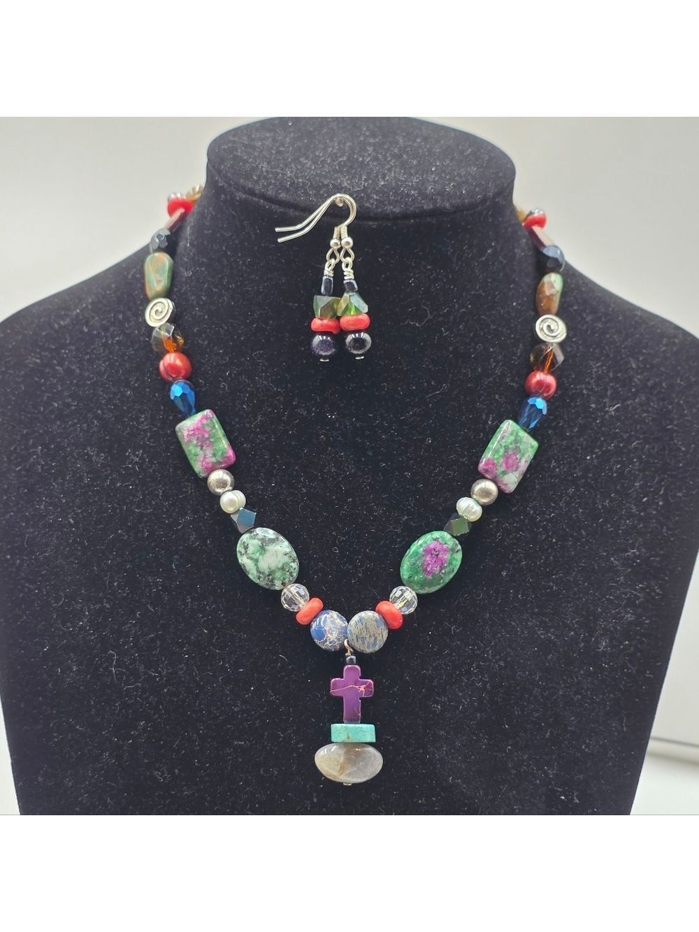 ​Handmade Ruby in Zoisite & Jasper Necklace Set - Purple Cross Pendant